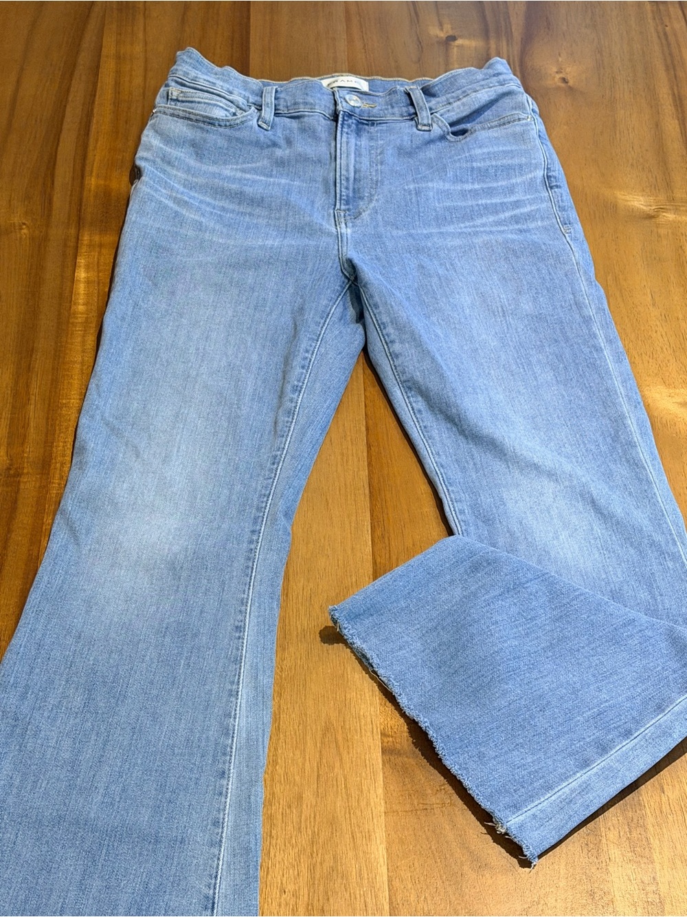 FRAME Le Easy Flare Jeans Womens 28 Light Wash High Rise Frayed Raw Hem Denim